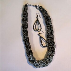Braided Beaded Necklace & Teardrop Earrings Set - Gunmetal